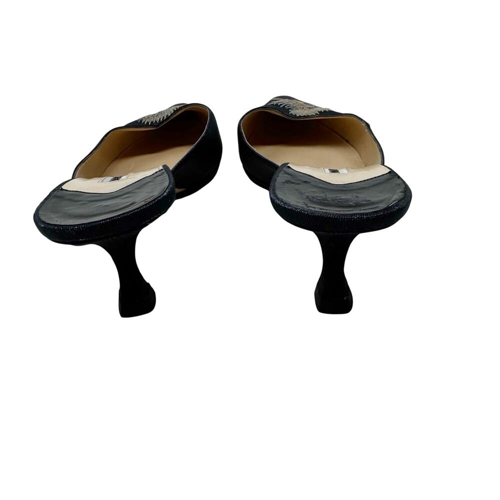 Vintage Manolo Blahnik Black Silk Feather Embroidered Kitten Heel Mules EU 39.5 - Picture 5 of 9